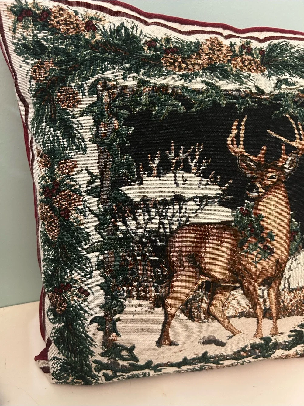 Deer Buck Stag Pine Cone Ivy Tapestry Pillow Christmas Holiday Winter 17x17”
